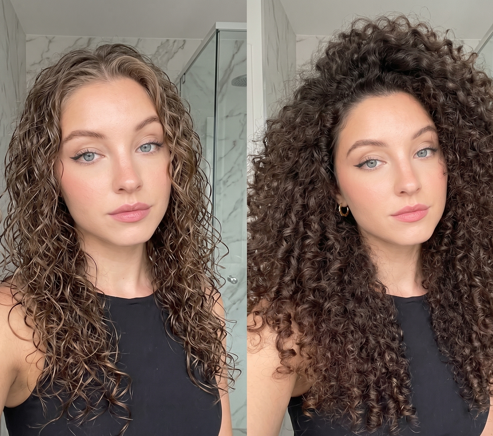 Side-by-side comparison of a woman with curly hair against a neutral background